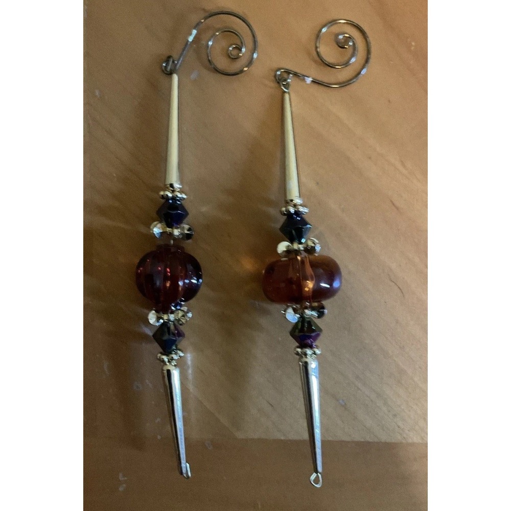 VTG Beaded Icicle Christmas Tree Ornament Tiered Gold & Amber, Set Of 2